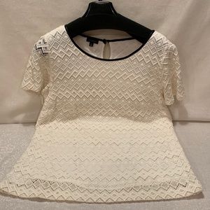 Talbots Cream Lace Blouse with Black leather trim. Size 16